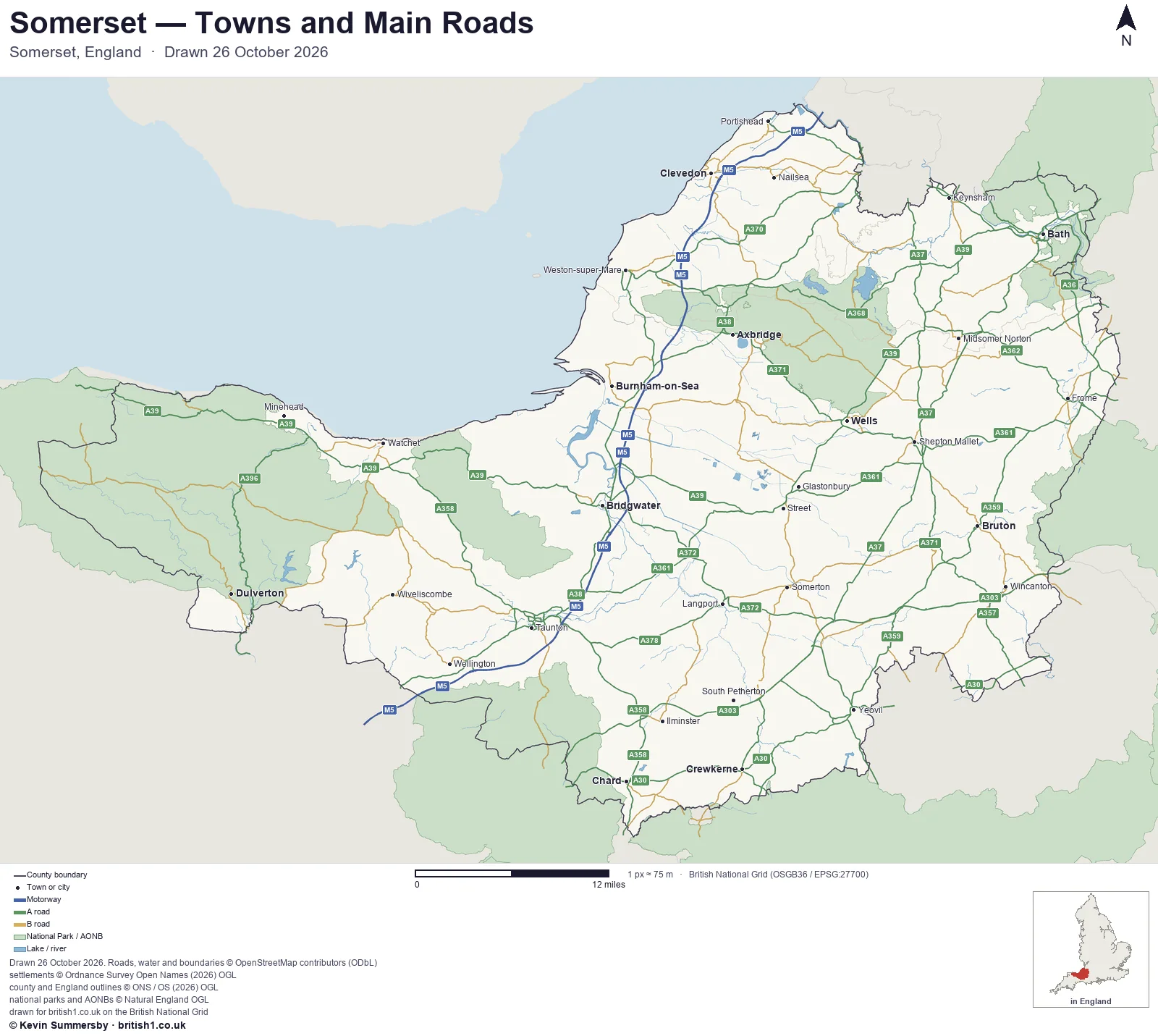 Map of Somerset, England, showing towns, main roads and county boundaries