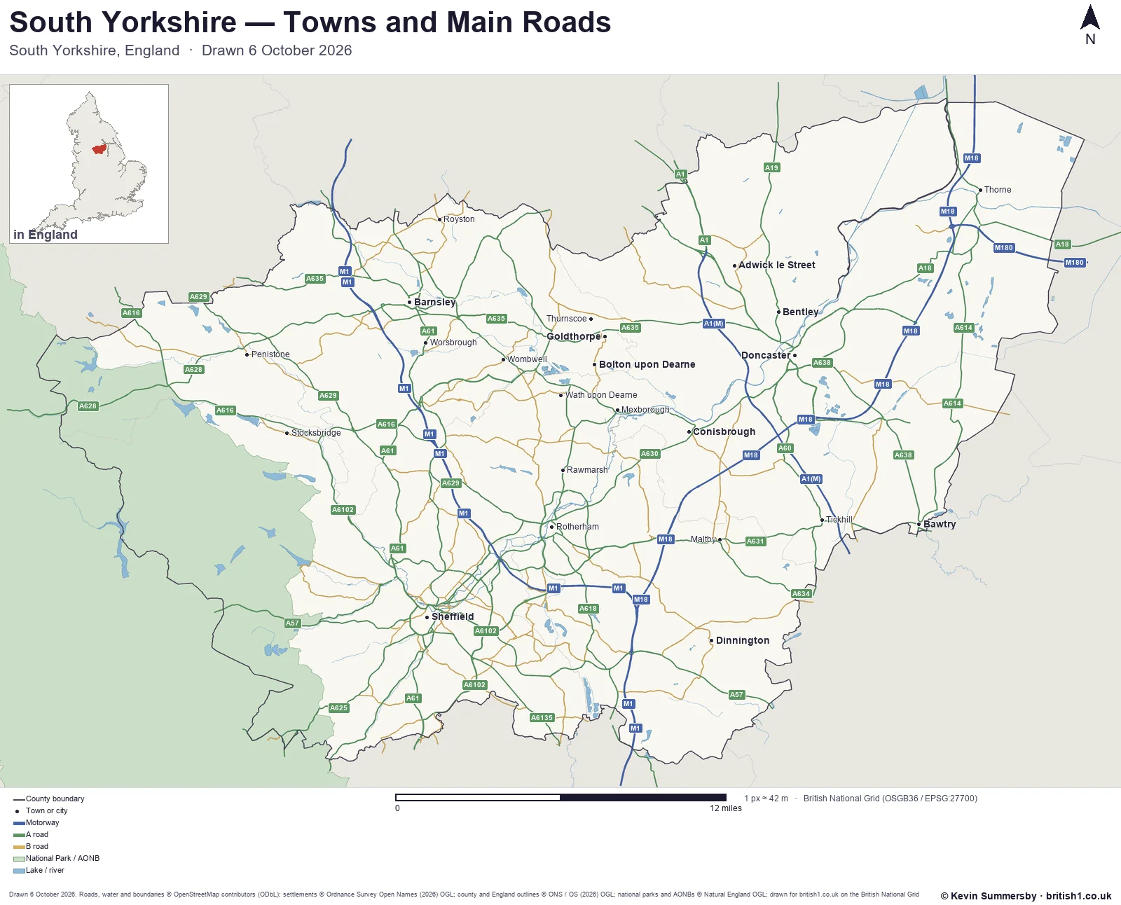 Map of South Yorkshire, England, showing towns, main roads and county boundaries