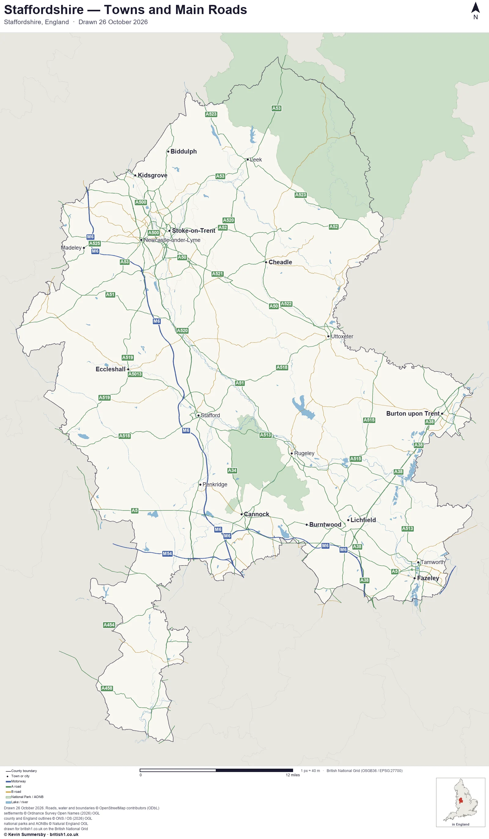 Map of Staffordshire, England, showing towns, main roads and county boundaries