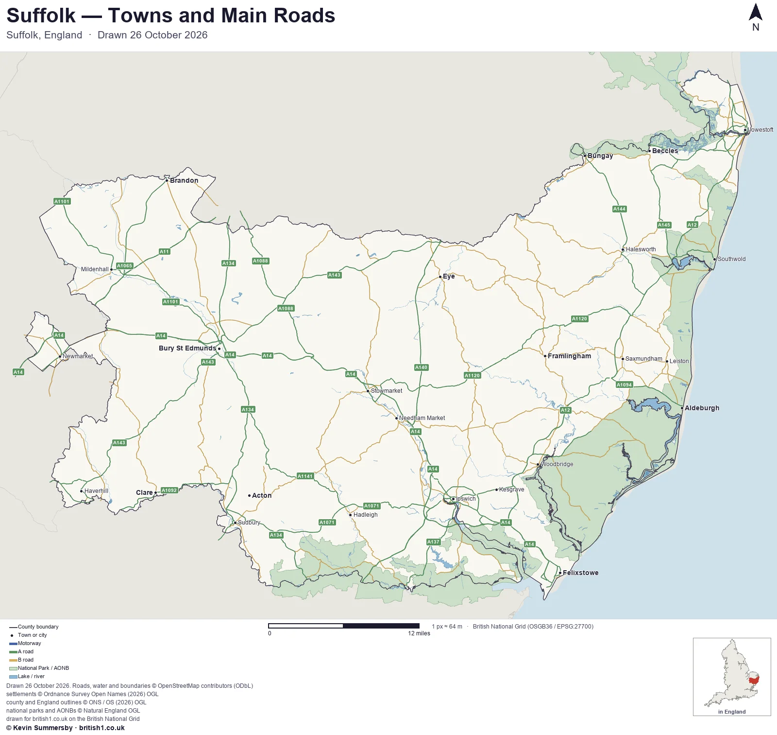 Map of Suffolk, England, showing towns, main roads and county boundaries