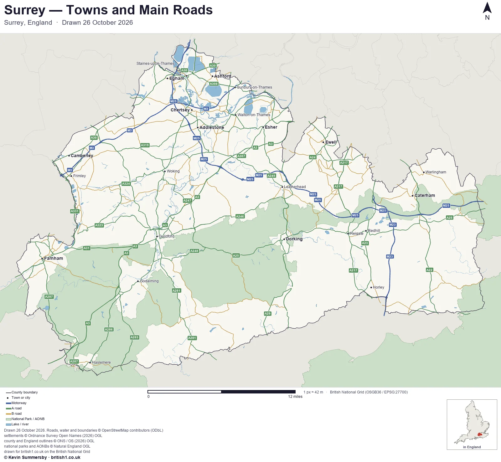 Map of Surrey, England, showing towns, main roads and county boundaries