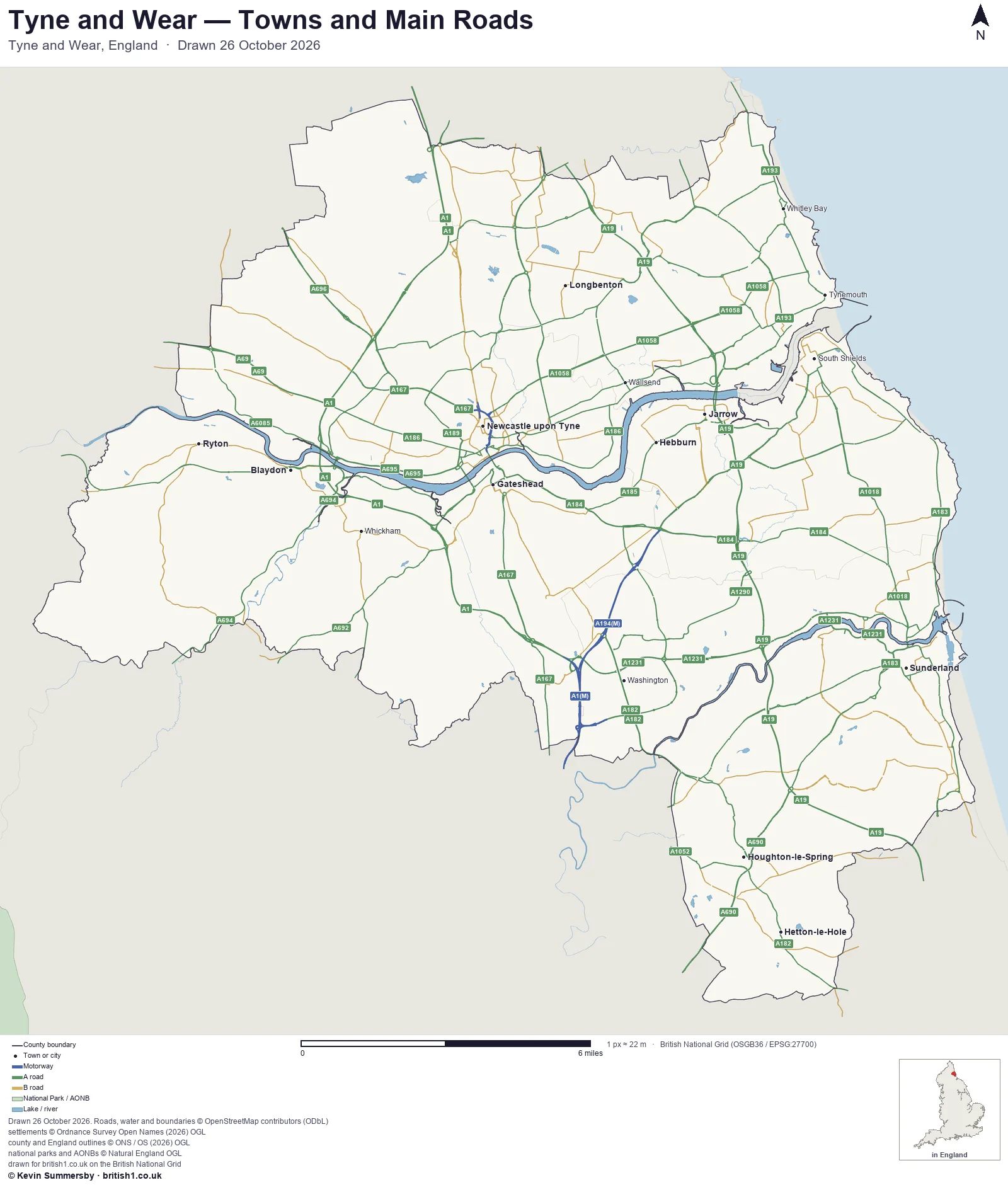 Map of Tyne and Wear, England, showing towns, main roads and county boundaries