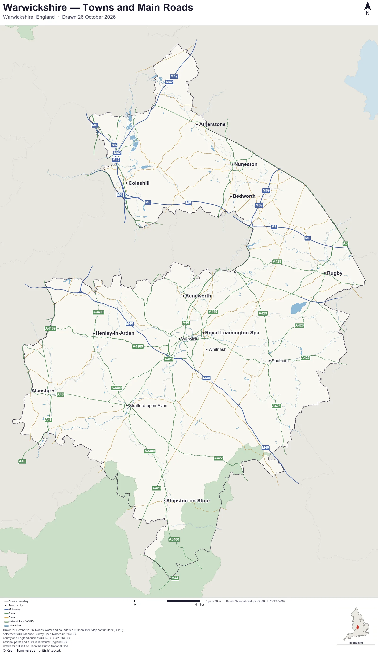 Map of Warwickshire, England, showing towns, main roads and county boundaries