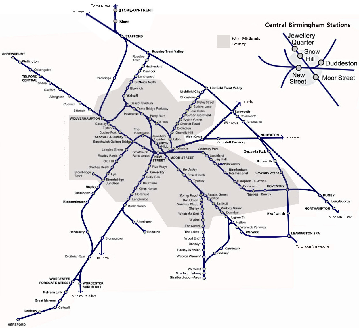Large detailed Birmingham and West Midlands passenger railway map