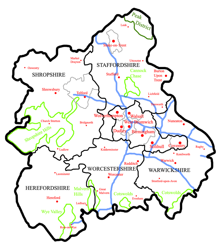 Large West Midlands Region map