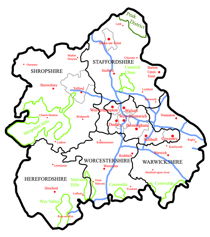 A Map of West Midlands England. West Midlands UK Map