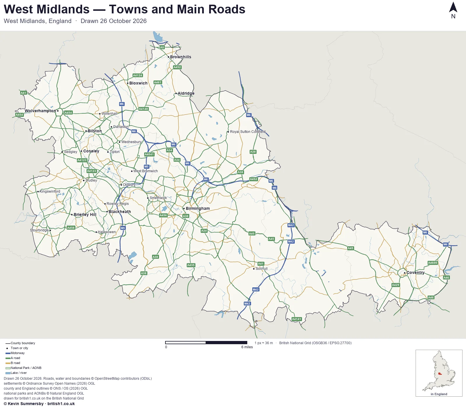 Map of West Midlands, England, showing towns, main roads and county boundaries
