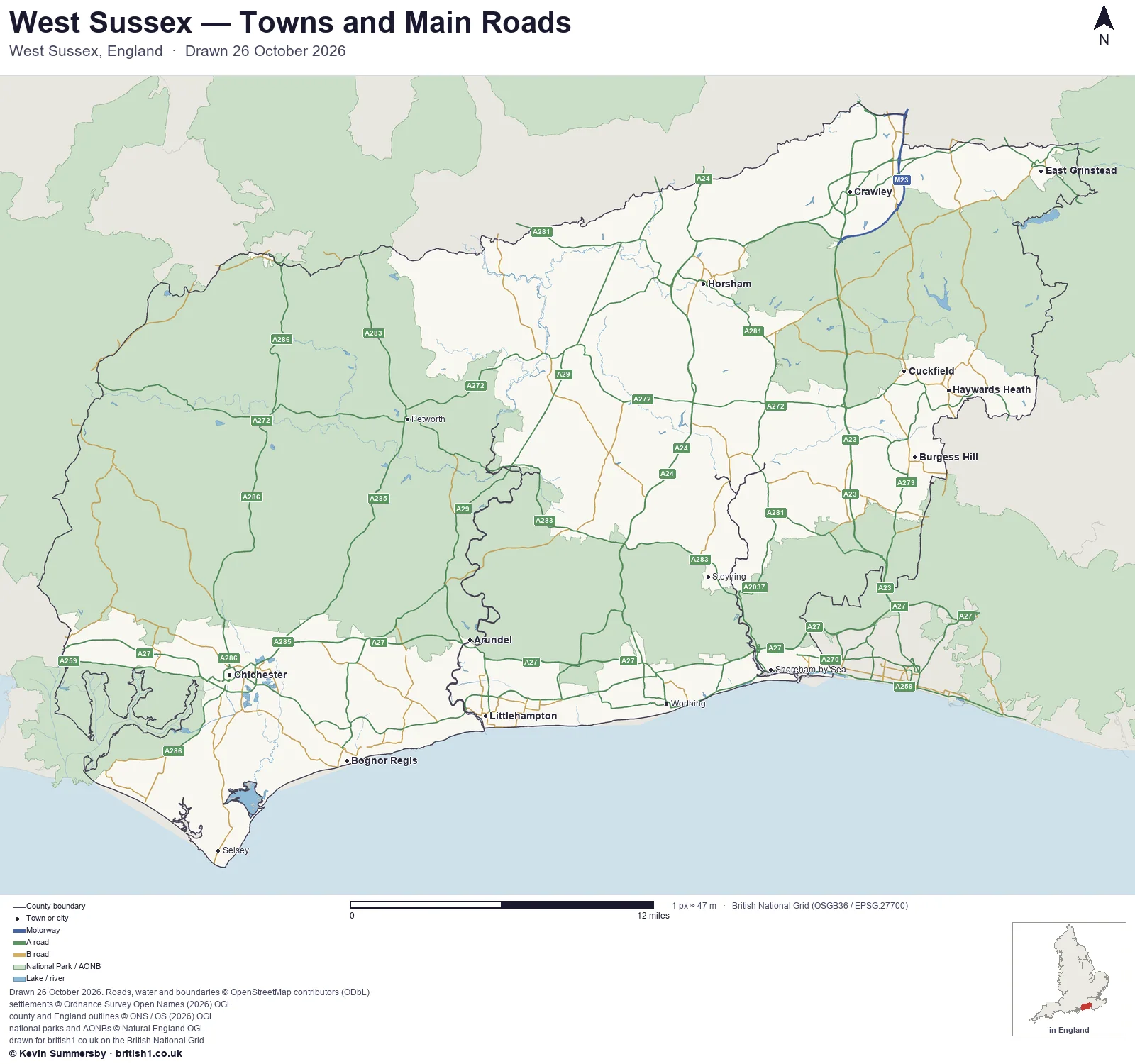 Map of West Sussex, England, showing towns, main roads and county boundaries