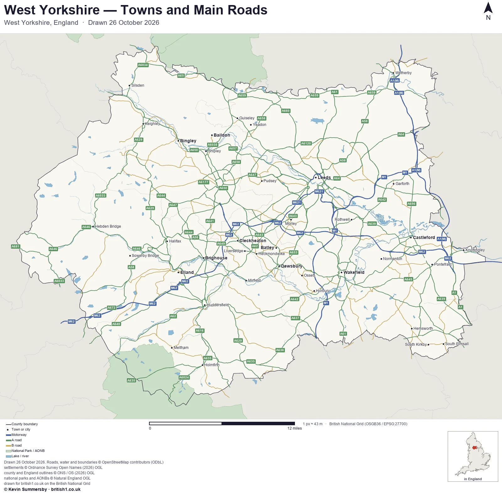 Map of West Yorkshire, England, showing towns, main roads and county boundaries
