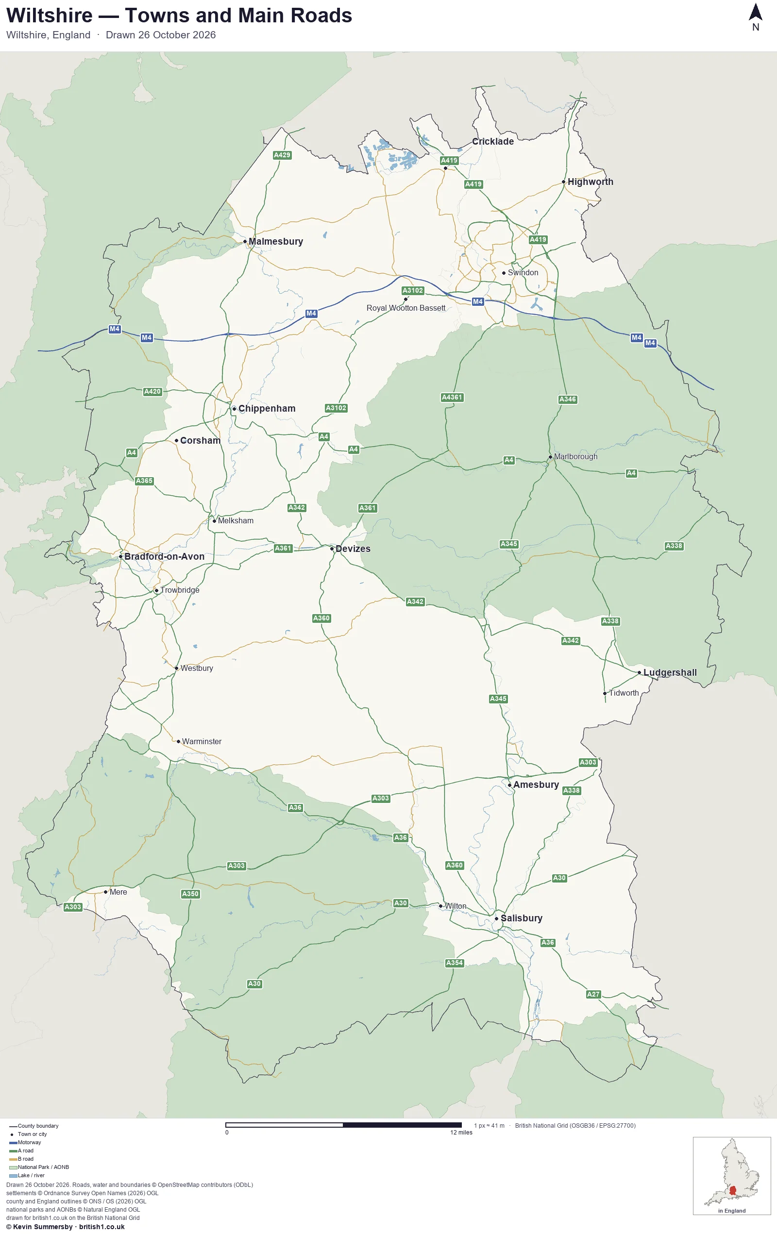 Map of Wiltshire, England, showing towns, main roads and county boundaries