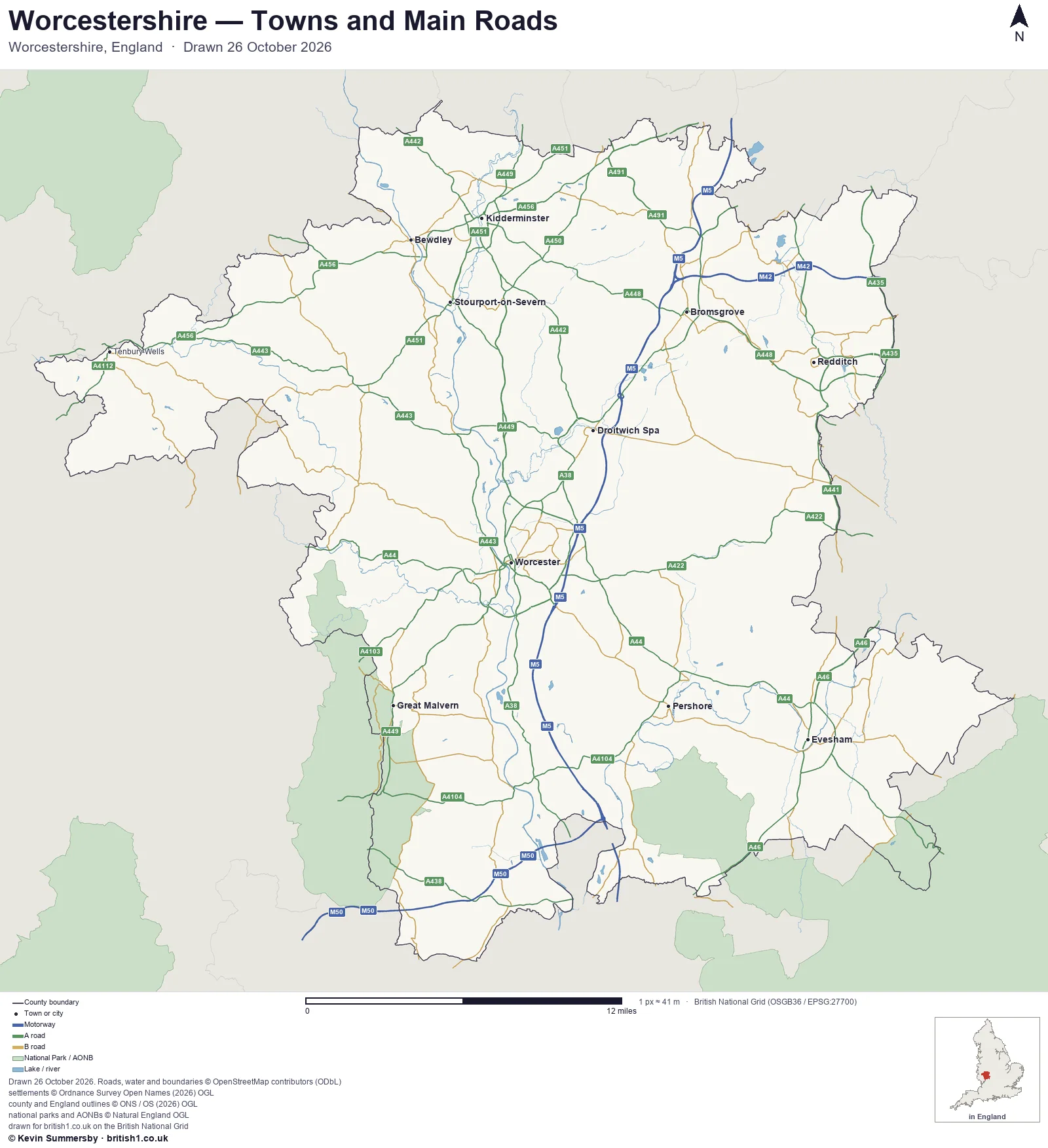 Map of Worcestershire, England, showing towns, main roads and county boundaries