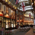 Leadenhall Market featuring the Lamb Tavern, Old Tom's Bar, the Pen Shop and the butcher.