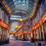 Leadenhall Market featuring Reiss, The Pen Shop and Osteria Del Mercatos.