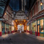 Leadenhall Market featuring Reiss, Kandies Tobacconist, Flying Tiger Copenhagen, Jenny Jones, a shoe repair shop, and a gourmet sushi shop.