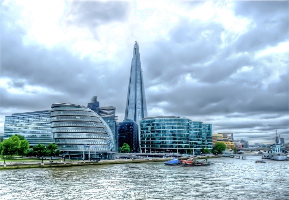 The former City Hall (Southwark) and the Shard, Southwark, London, England, UK.