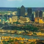 View to East London, Canary Wharf, the Finance District, England, UK.