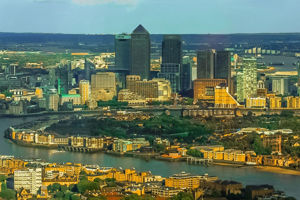 View to East London, Canary Wharf, the Finance District, England, UK.