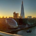 The former London City Hall (Southwark) and the Shard, Southwark, London, England, UK.