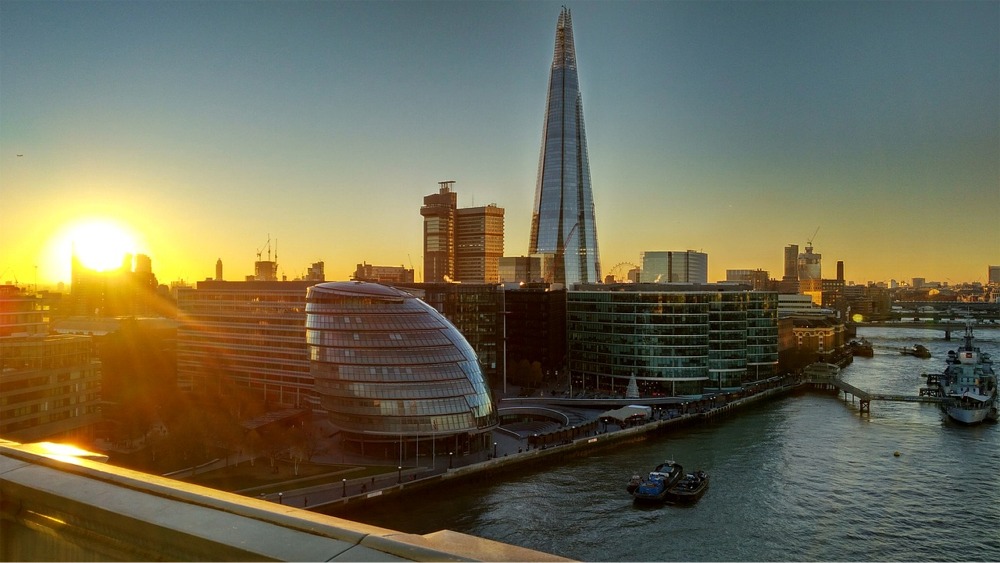 The former London City Hall (Southwark) and the Shard, Southwark, London, England, UK.