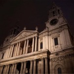 This night photograph shows the Western Facade of St Paul's Cathedral in London England.
