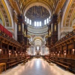 The Choir of St Paul's Cathedral in London England looking west.