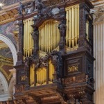 The south choir pipe organ in St Paul's Cathedral, London, England.