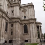 The exterior architectural details of St Paul's Cathedral's southern facade (looking east) in London, England.