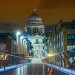 The Millennium Bridge looking down Peter's Hill pedestrian walkway and Sermon Lane to St Paul's Cathedral.