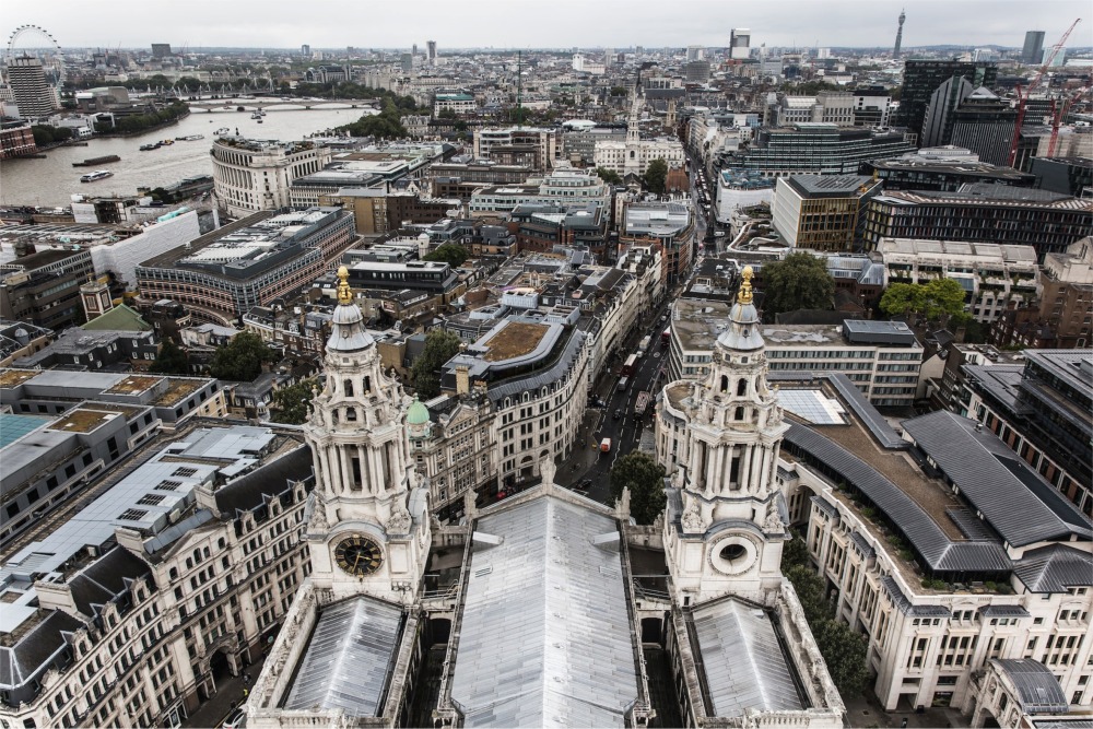 Above St Paul's Cathedral in London England.