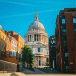 St Paul's Cathedral from Sermon Lane in London England.