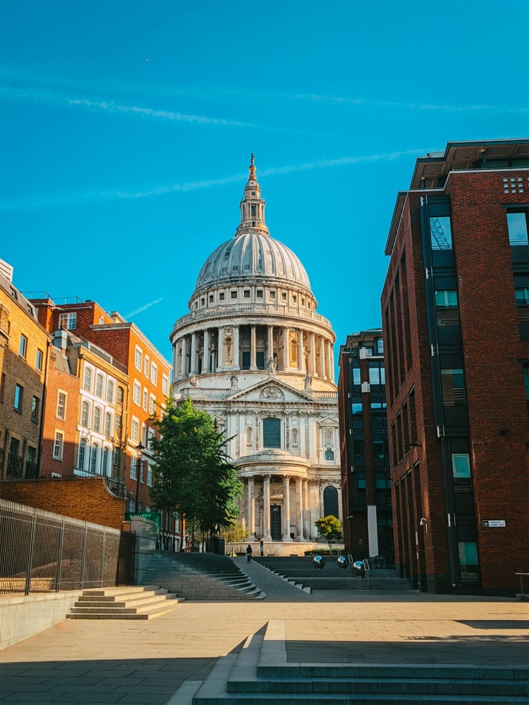 St Paul's Cathedral from Sermon Lane in London England.