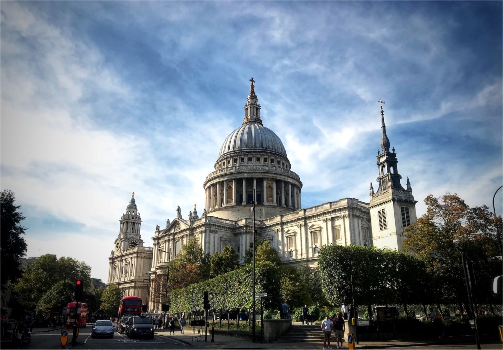 The southern facade of St Paul's Cathedral in London, England.