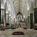 Westminster Abbey's Nave and vault ceiling, Sir Isaac Newton's monument and choir screen.