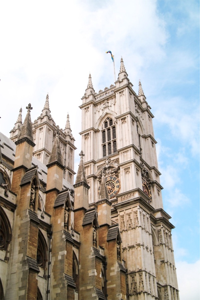 Westminster Abbey's northern facade on a sunny day in London, England.