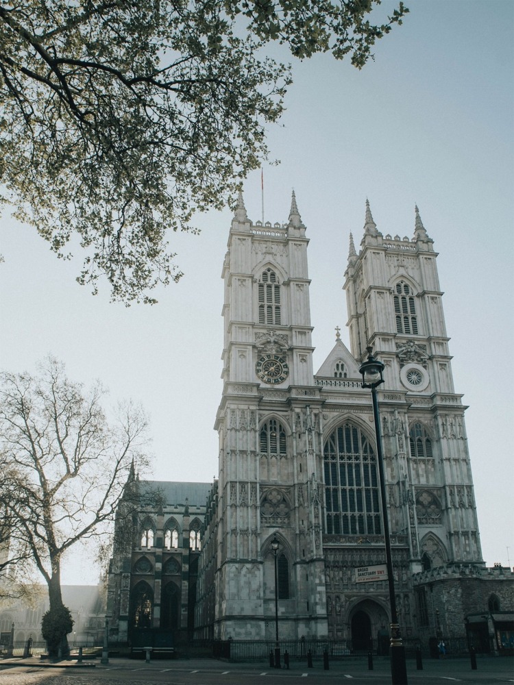 The western facade of Westminster Abbey in London, England.