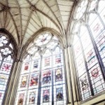 Stained glass windows in the Chapter House of Westminster Abbey.