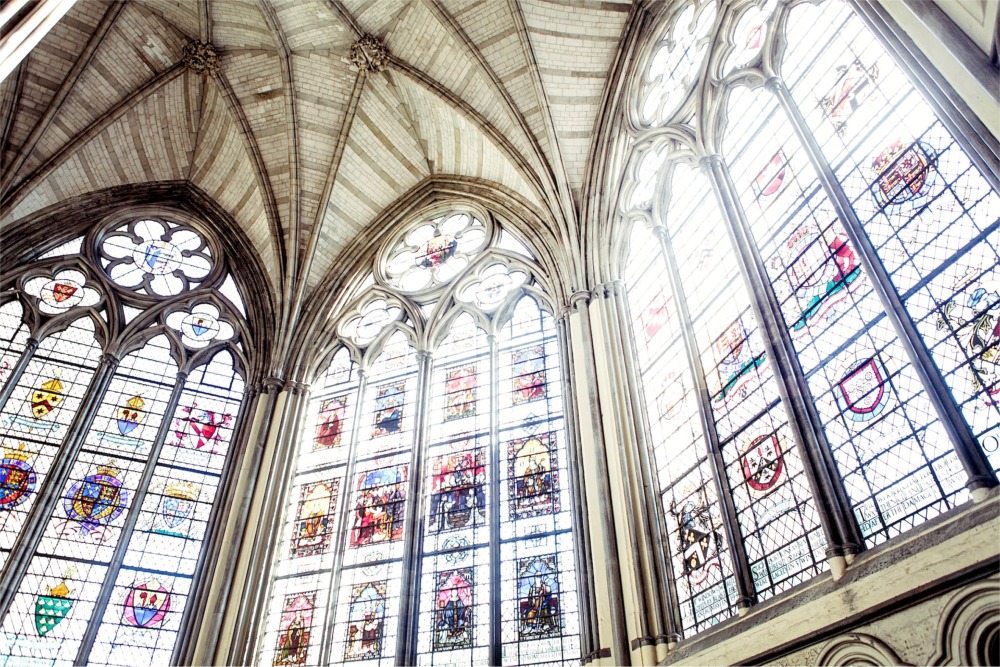 Stained glass windows in the Chapter House of Westminster Abbey in London, England.