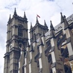 Exterior flying buttresses on the southern facade of Westminster Abbey in London, England.