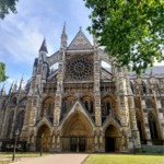 Westminster Abbey's northern facade on a sunny day in London, England.